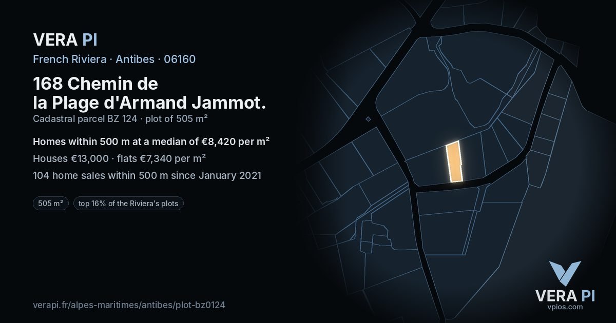 168 Chemin de la Plage d'Armand Jammot, Antibes at night – the plot lit, the parcels around coloured by the prices near them