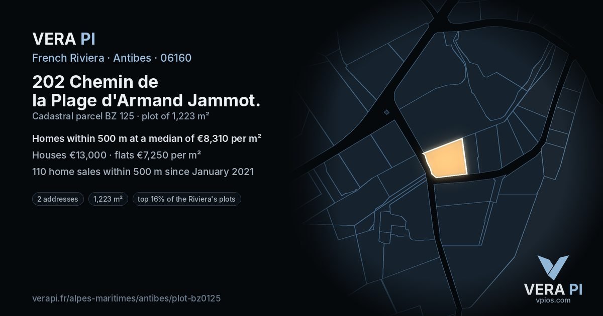 202 Chemin de la Plage d'Armand Jammot, Antibes at night – the plot lit, the parcels around coloured by the prices near them