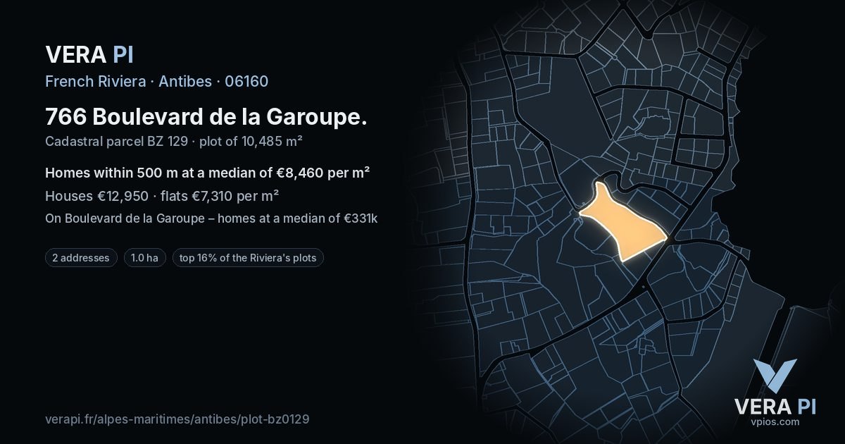 766 Boulevard de la Garoupe, Antibes at night – the plot lit, the parcels around coloured by the prices near them