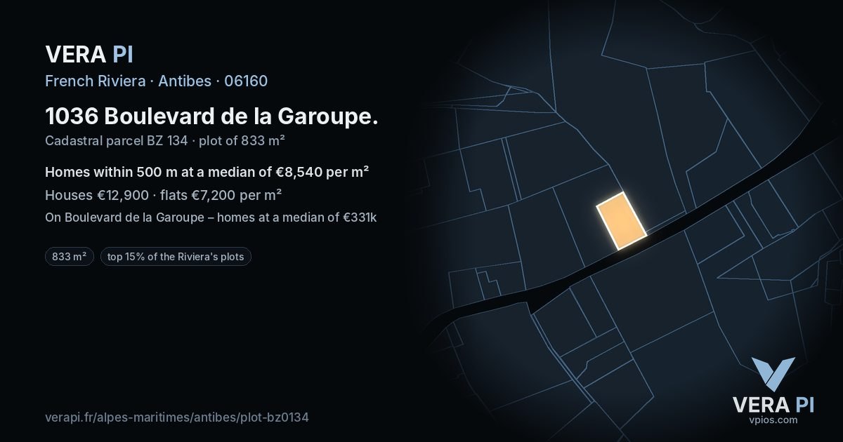 1036 Boulevard de la Garoupe, Antibes at night – the plot lit, the parcels around coloured by the prices near them