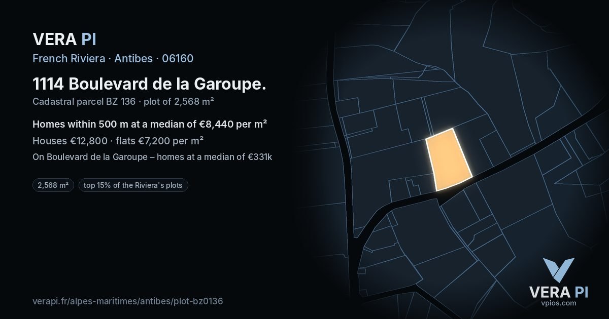 1114 Boulevard de la Garoupe, Antibes at night – the plot lit, the parcels around coloured by the prices near them