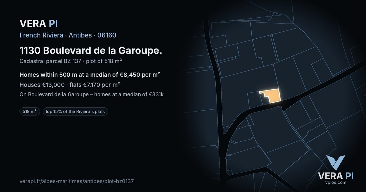1130 Boulevard de la Garoupe, Antibes at night – the plot lit, the parcels around coloured by the prices near them