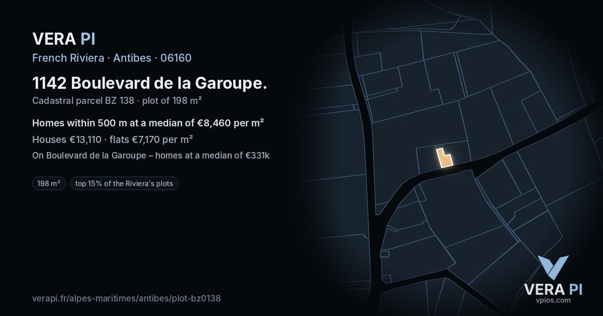 1142 Boulevard de la Garoupe, Antibes at night – the plot lit, the parcels around coloured by the prices near them