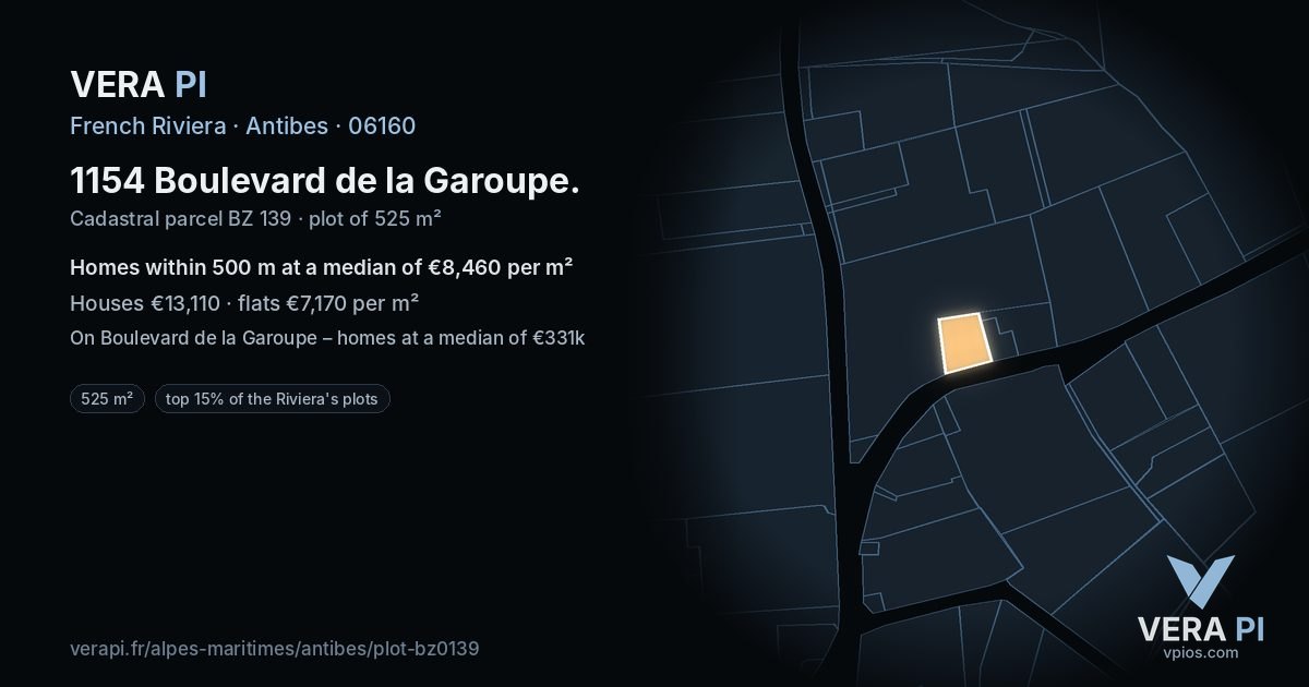 1154 Boulevard de la Garoupe, Antibes at night – the plot lit, the parcels around coloured by the prices near them