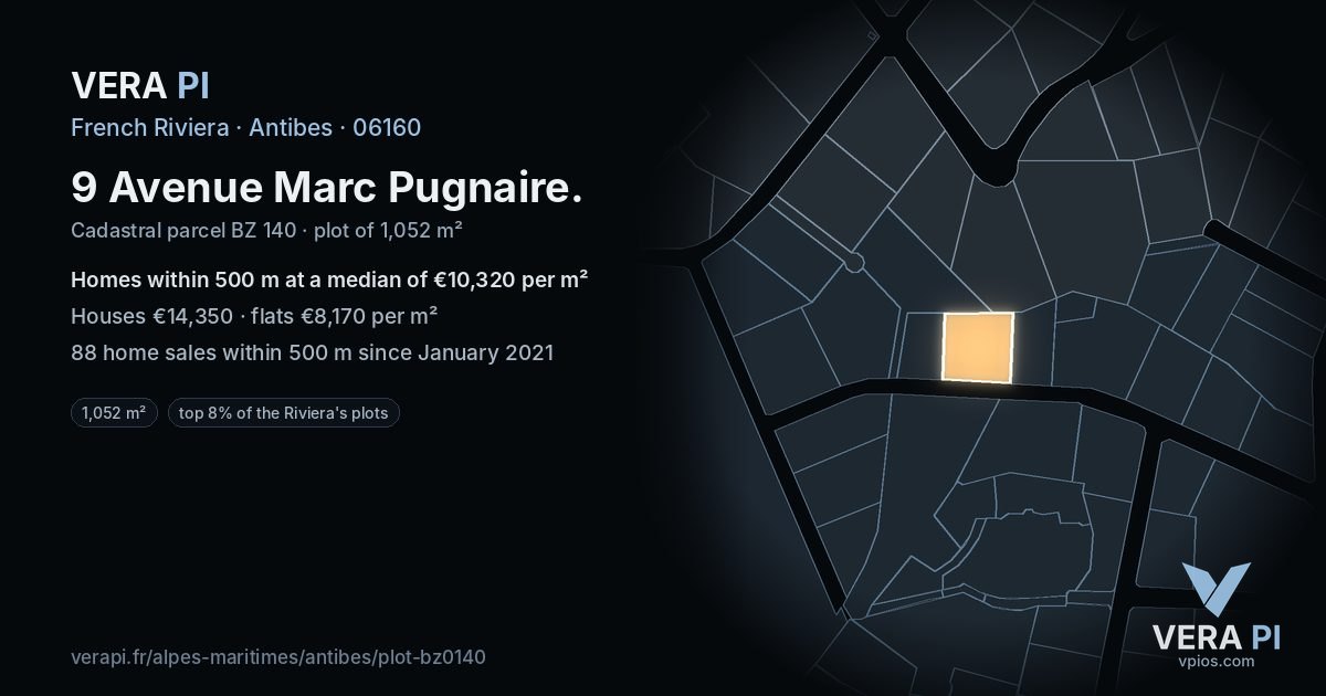 9 Avenue Marc Pugnaire, Antibes at night – the plot lit, the parcels around coloured by the prices near them