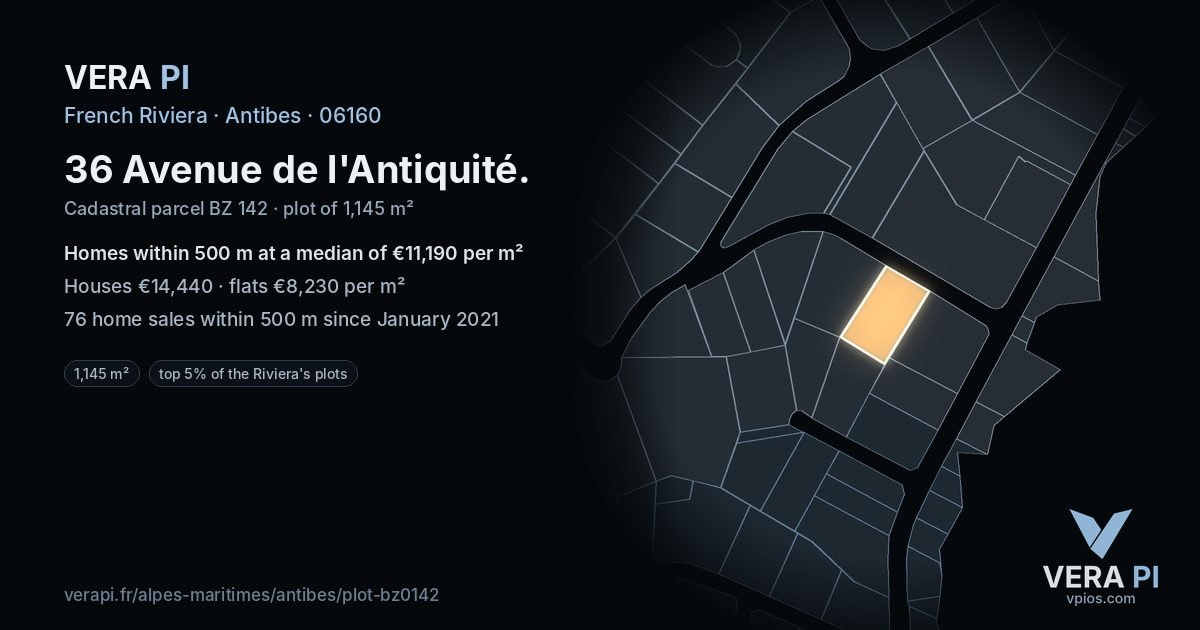 36 Avenue de l'Antiquité, Antibes at night – the plot lit, the parcels around coloured by the prices near them