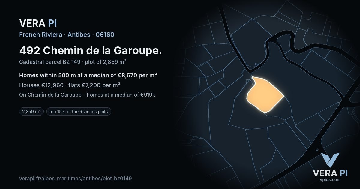 492 Chemin de la Garoupe, Antibes at night – the plot lit, the parcels around coloured by the prices near them
