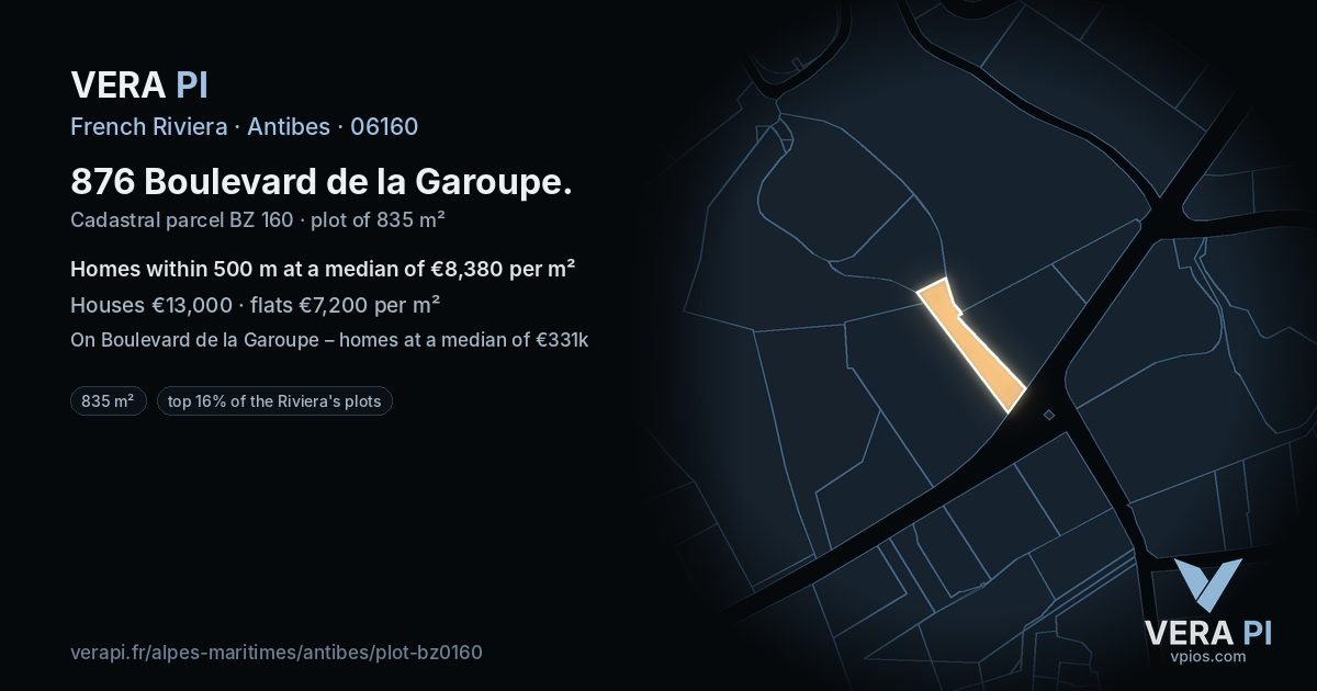 876 Boulevard de la Garoupe, Antibes at night – the plot lit, the parcels around coloured by the prices near them