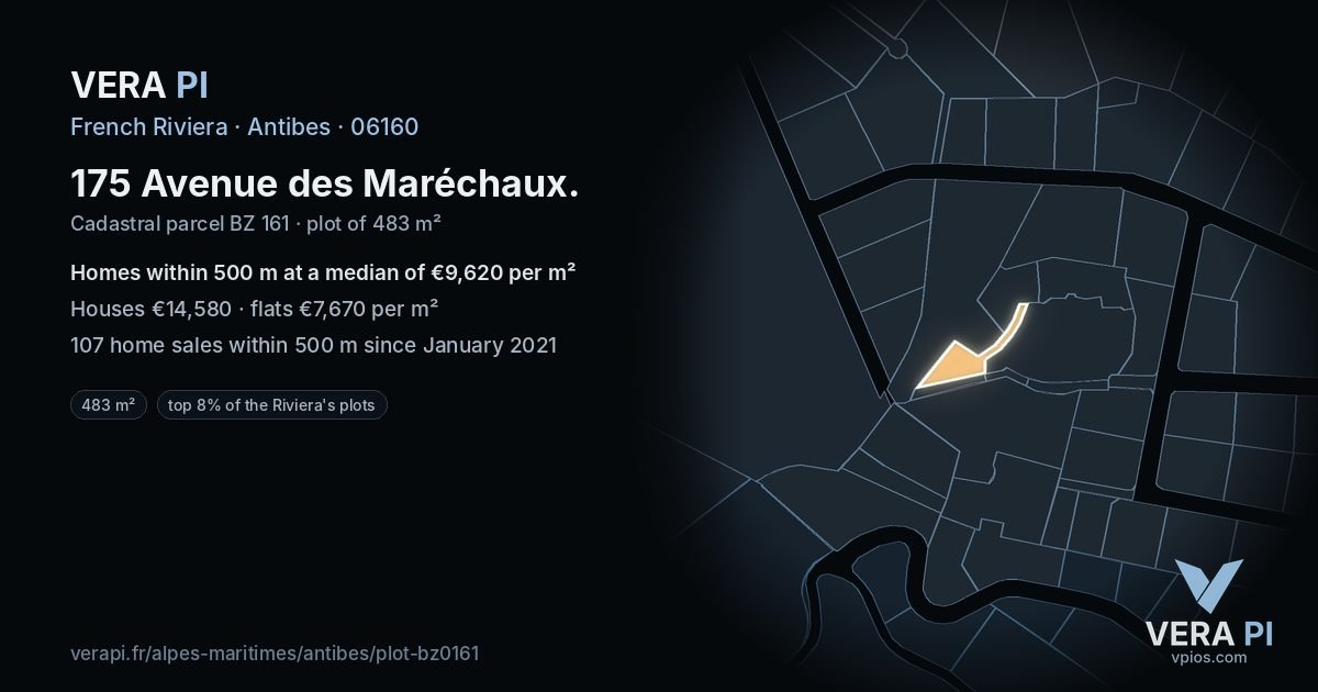175 Avenue des Maréchaux, Antibes at night – the plot lit, the parcels around coloured by the prices near them