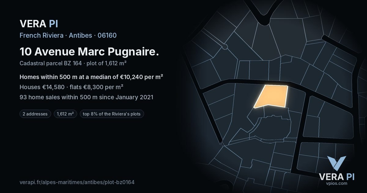 10 Avenue Marc Pugnaire, Antibes at night – the plot lit, the parcels around coloured by the prices near them