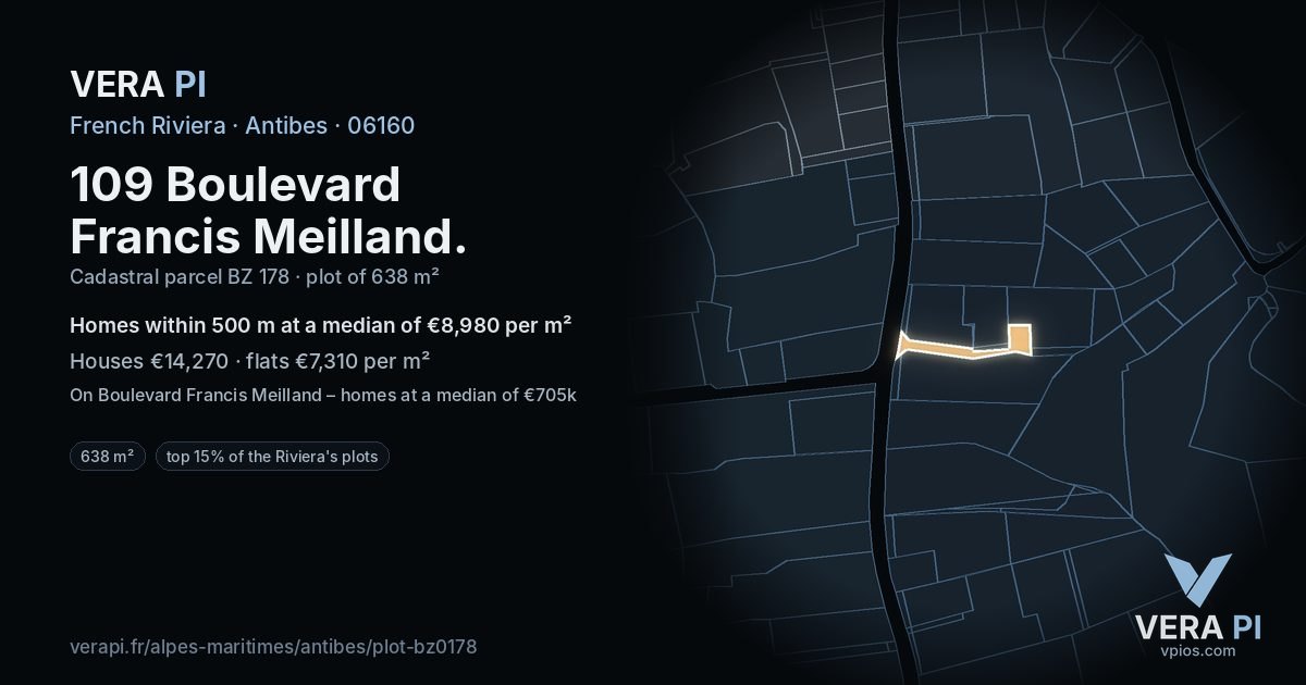 109 Boulevard Francis Meilland, Antibes at night – the plot lit, the parcels around coloured by the prices near them