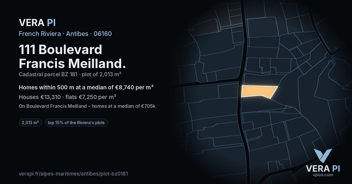 111 Boulevard Francis Meilland, Antibes at night – the plot lit, the parcels around coloured by the prices near them