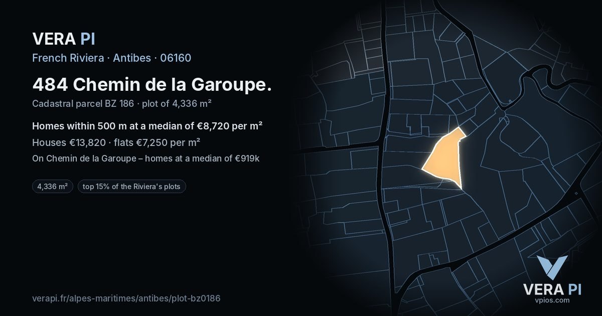 484 Chemin de la Garoupe, Antibes at night – the plot lit, the parcels around coloured by the prices near them