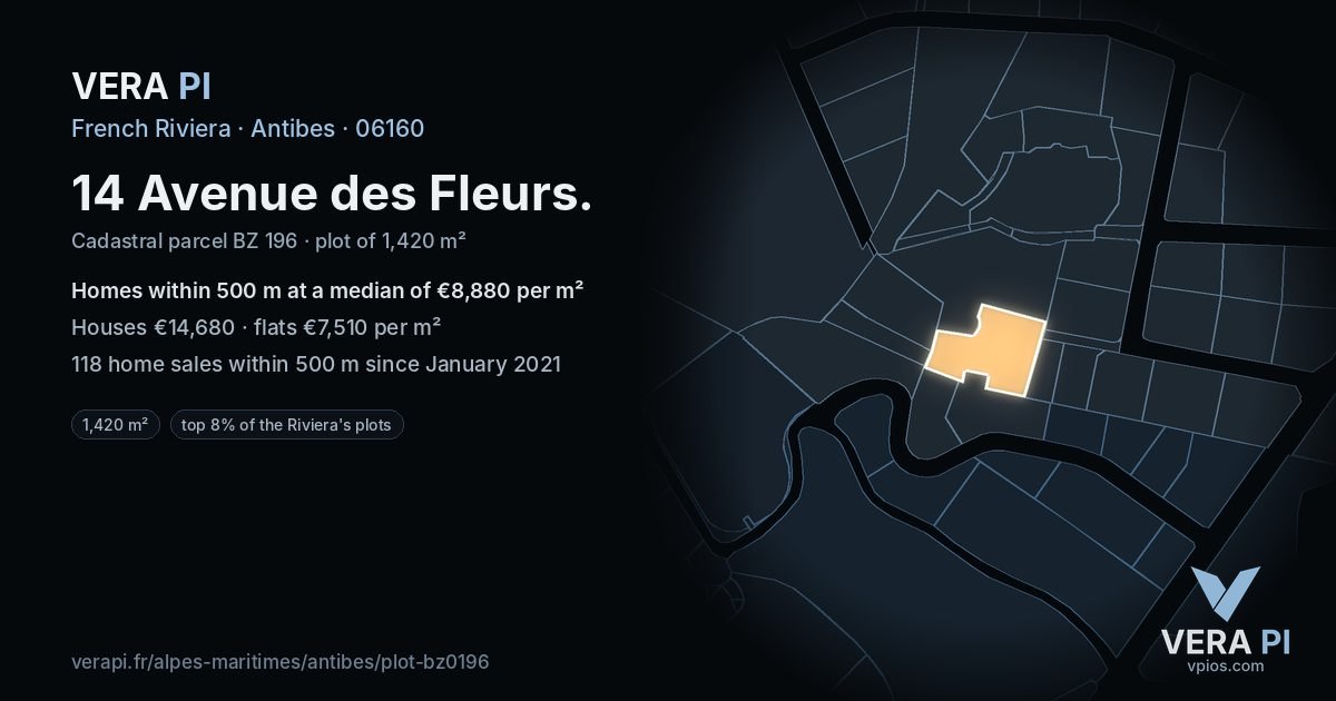 14 Avenue des Fleurs, Antibes at night – the plot lit, the parcels around coloured by the prices near them