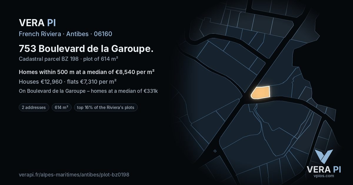 753 Boulevard de la Garoupe, Antibes at night – the plot lit, the parcels around coloured by the prices near them