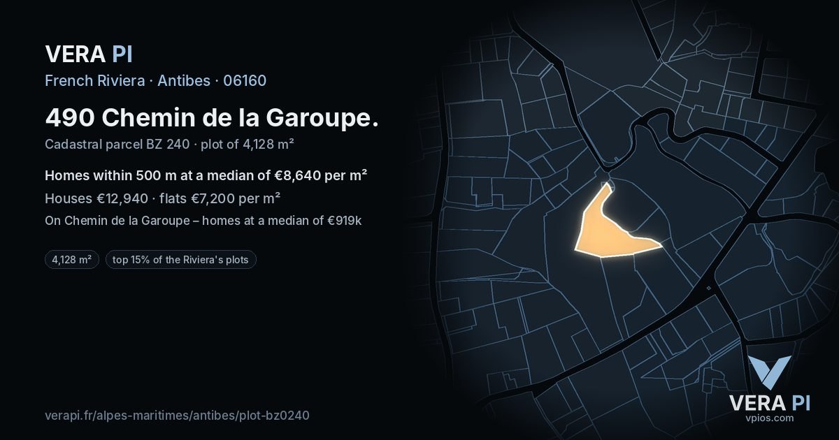 490 Chemin de la Garoupe, Antibes at night – the plot lit, the parcels around coloured by the prices near them