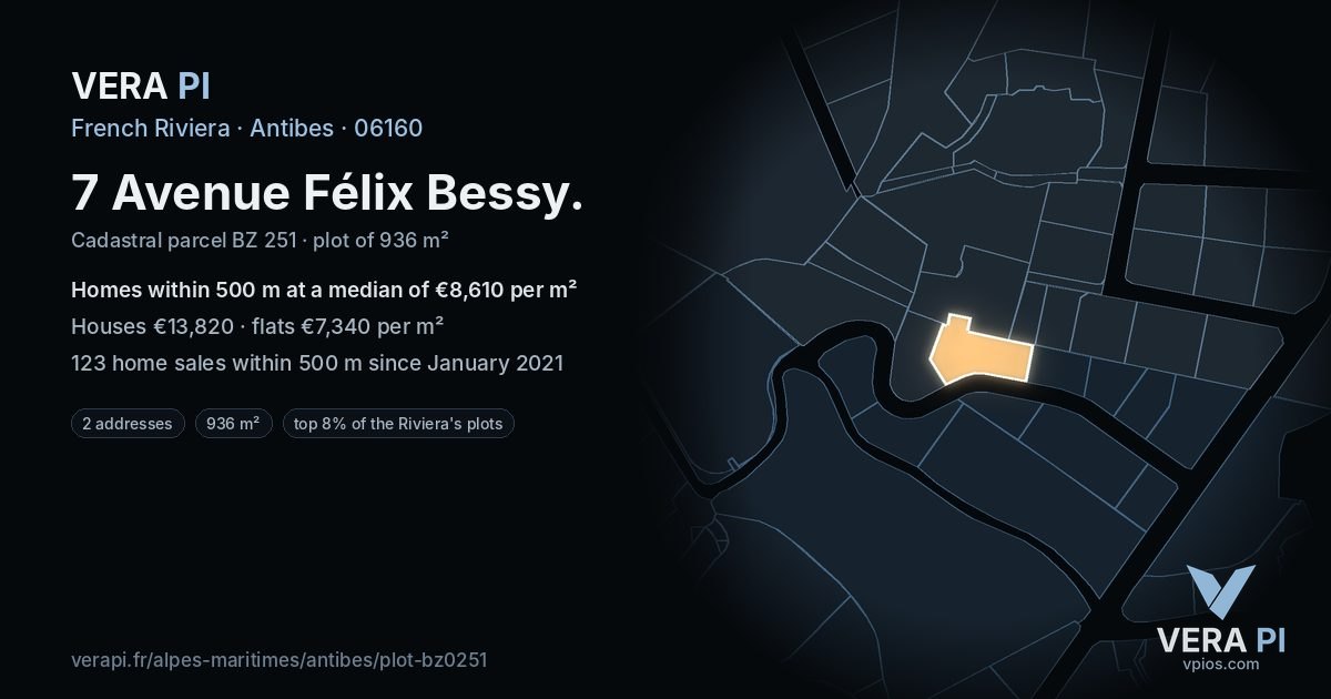 7 Avenue Félix Bessy, Antibes at night – the plot lit, the parcels around coloured by the prices near them