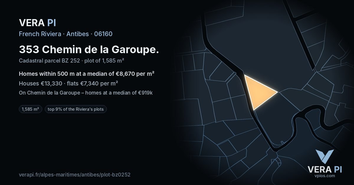 353 Chemin de la Garoupe, Antibes at night – the plot lit, the parcels around coloured by the prices near them