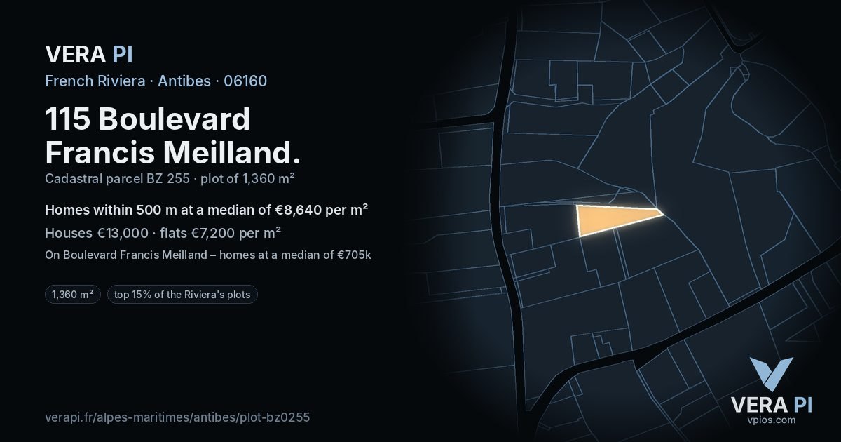 115 Boulevard Francis Meilland, Antibes at night – the plot lit, the parcels around coloured by the prices near them
