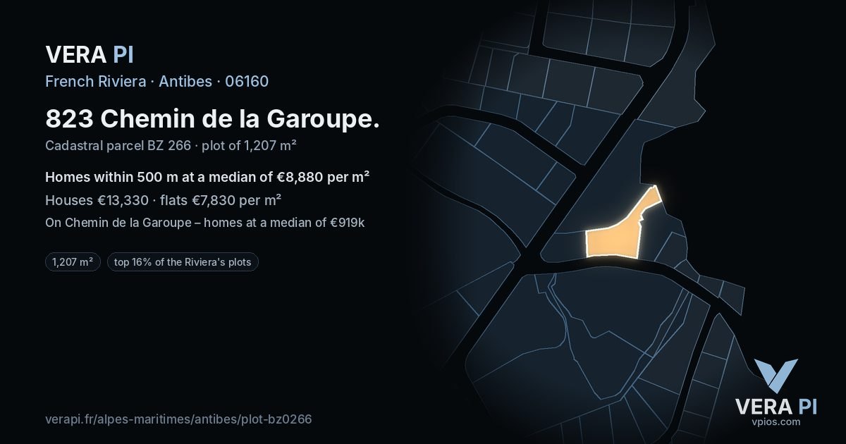 823 Chemin de la Garoupe, Antibes at night – the plot lit, the parcels around coloured by the prices near them