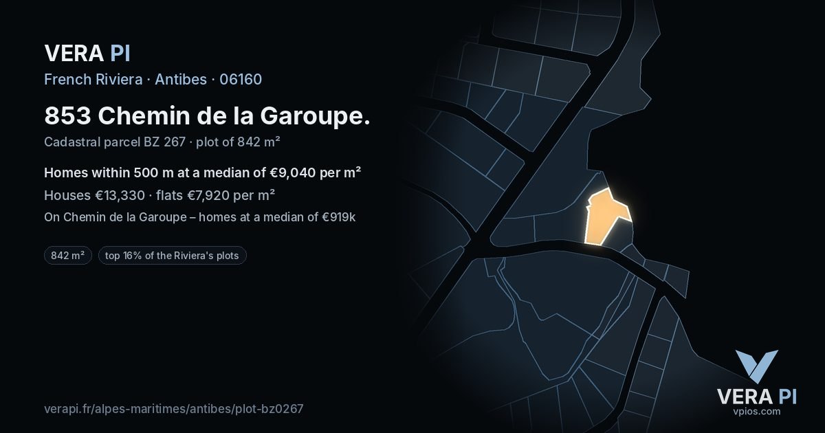 853 Chemin de la Garoupe, Antibes at night – the plot lit, the parcels around coloured by the prices near them