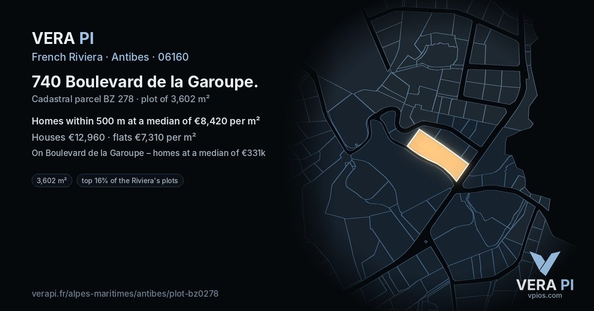 740 Boulevard de la Garoupe, Antibes at night – the plot lit, the parcels around coloured by the prices near them