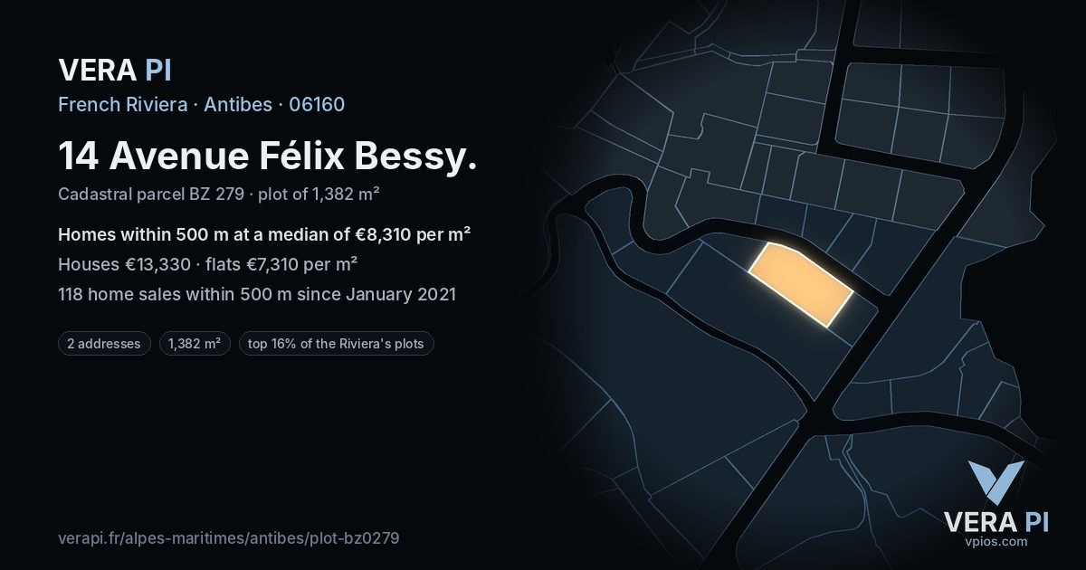 14 Avenue Félix Bessy, Antibes at night – the plot lit, the parcels around coloured by the prices near them