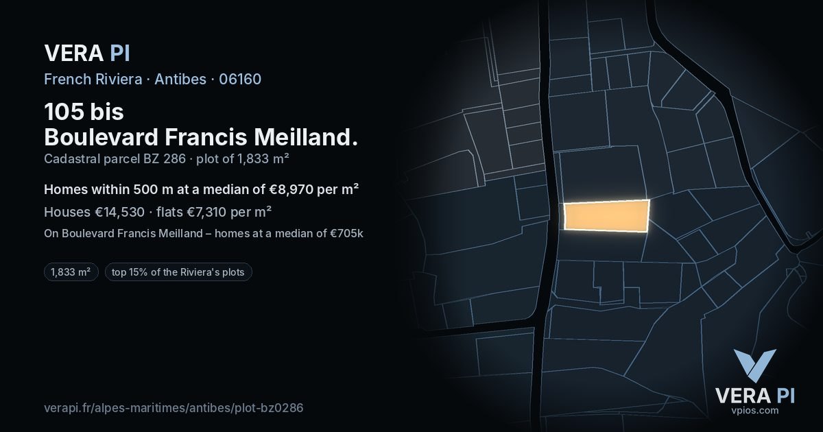105 bis Boulevard Francis Meilland, Antibes at night – the plot lit, the parcels around coloured by the prices near them