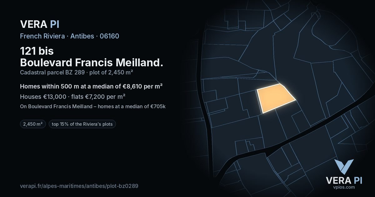 121 bis Boulevard Francis Meilland, Antibes at night – the plot lit, the parcels around coloured by the prices near them