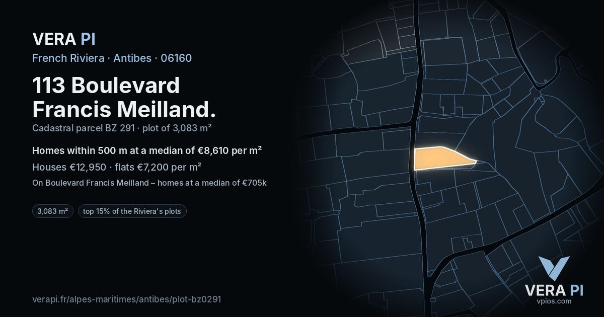 113 Boulevard Francis Meilland, Antibes at night – the plot lit, the parcels around coloured by the prices near them