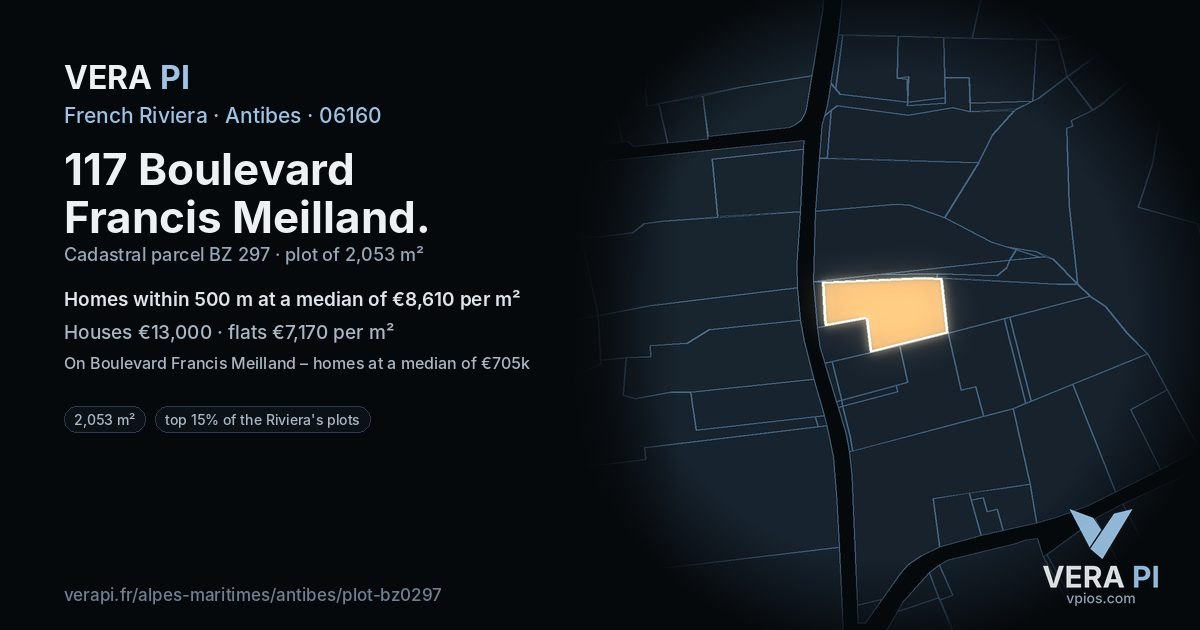 117 Boulevard Francis Meilland, Antibes at night – the plot lit, the parcels around coloured by the prices near them