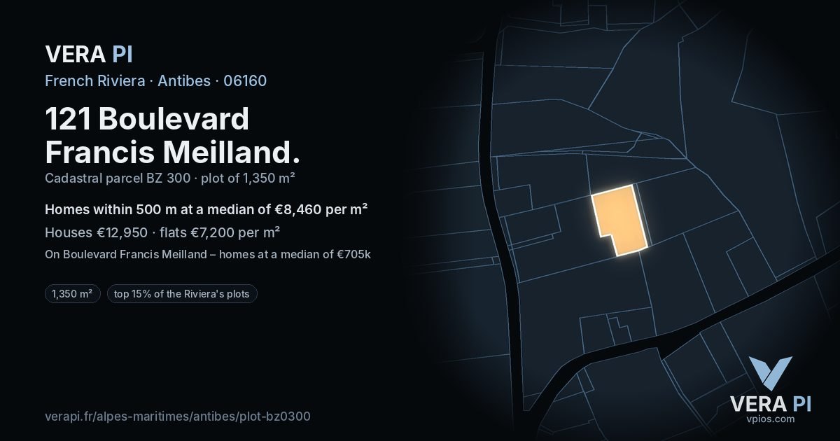 121 Boulevard Francis Meilland, Antibes at night – the plot lit, the parcels around coloured by the prices near them