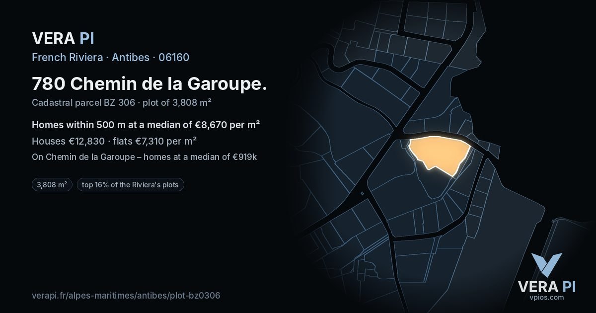 780 Chemin de la Garoupe, Antibes at night – the plot lit, the parcels around coloured by the prices near them