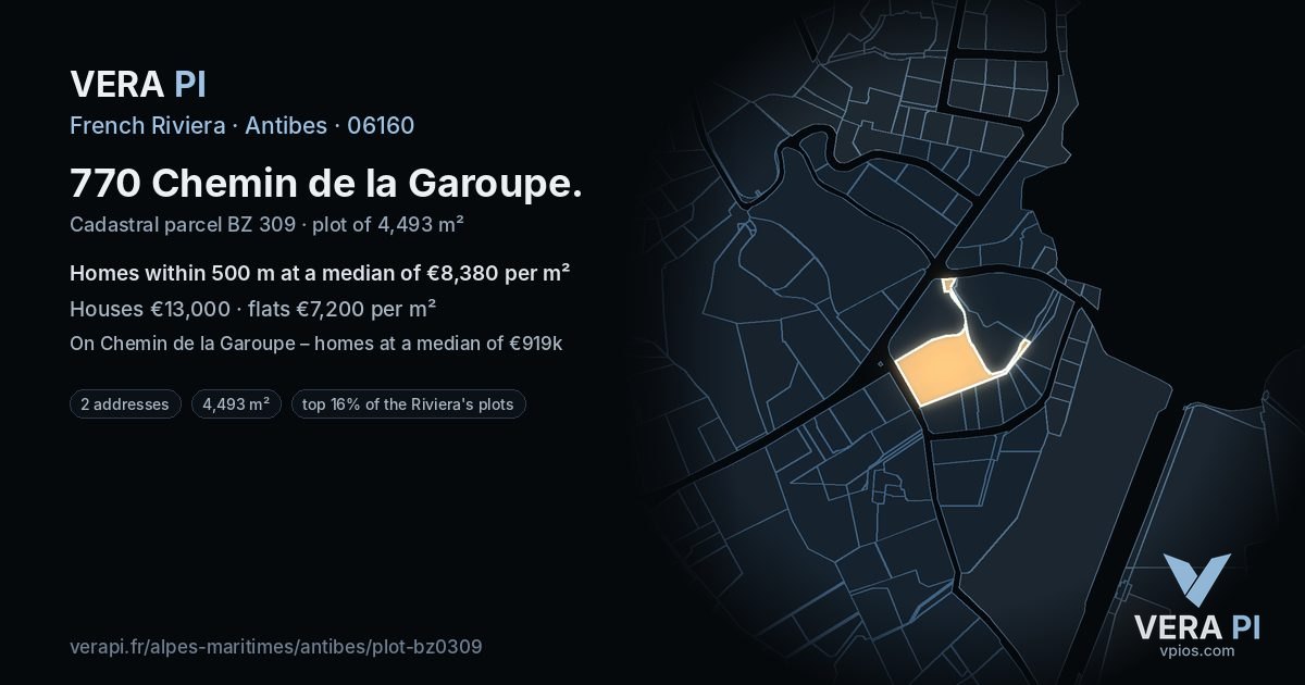 770 Chemin de la Garoupe, Antibes at night – the plot lit, the parcels around coloured by the prices near them