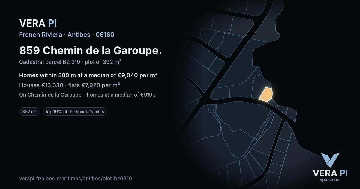 859 Chemin de la Garoupe, Antibes at night – the plot lit, the parcels around coloured by the prices near them