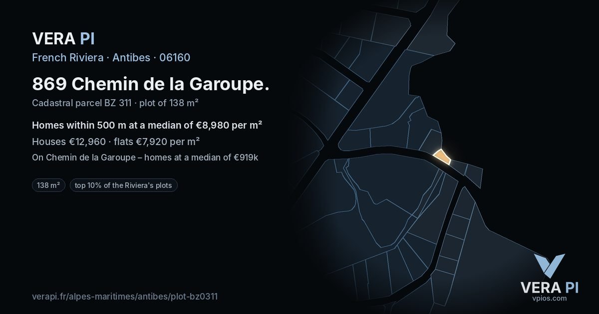 869 Chemin de la Garoupe, Antibes at night – the plot lit, the parcels around coloured by the prices near them