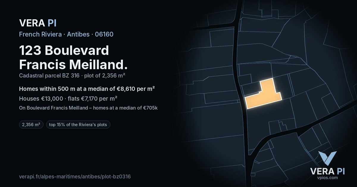 123 Boulevard Francis Meilland, Antibes at night – the plot lit, the parcels around coloured by the prices near them