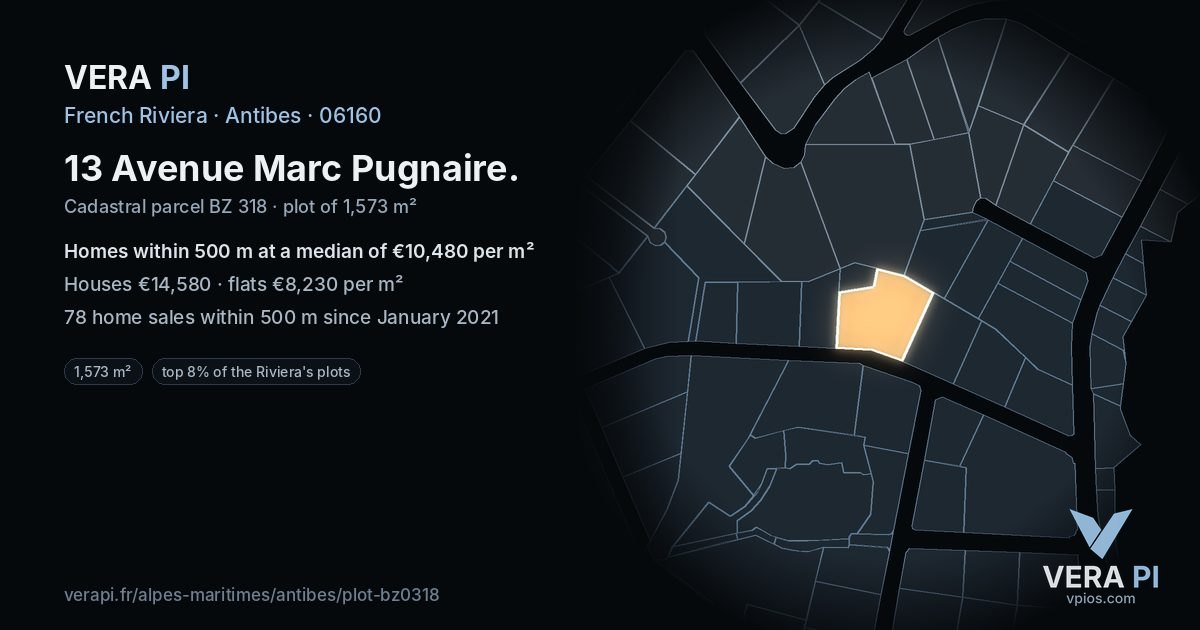 13 Avenue Marc Pugnaire, Antibes at night – the plot lit, the parcels around coloured by the prices near them