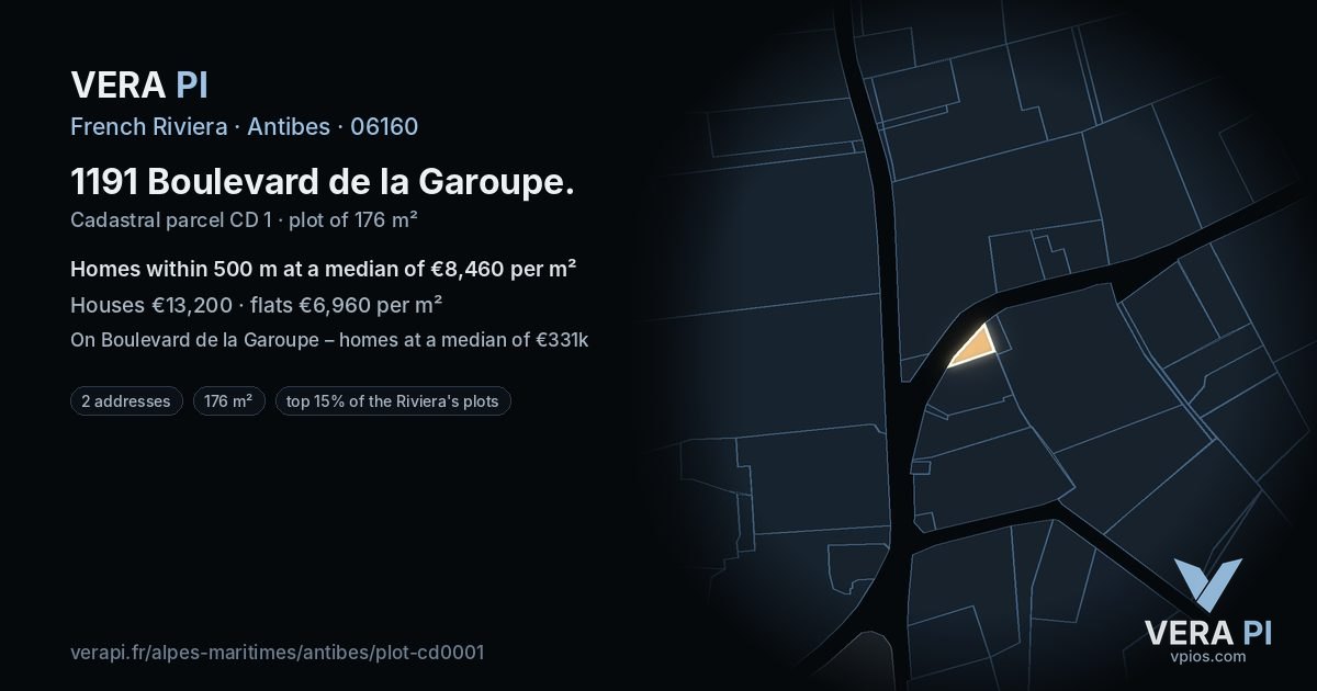 1191 Boulevard de la Garoupe, Antibes at night – the plot lit, the parcels around coloured by the prices near them