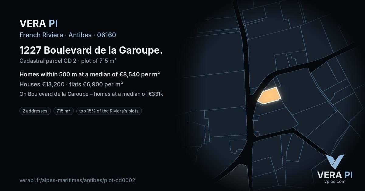 1227 Boulevard de la Garoupe, Antibes at night – the plot lit, the parcels around coloured by the prices near them