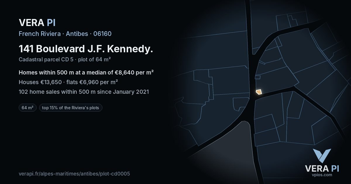 141 Boulevard J.F. Kennedy, Antibes at night – the plot lit, the parcels around coloured by the prices near them