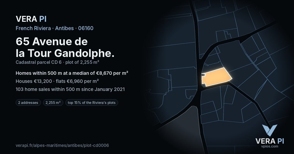 65 Avenue de la Tour Gandolphe, Antibes at night – the plot lit, the parcels around coloured by the prices near them