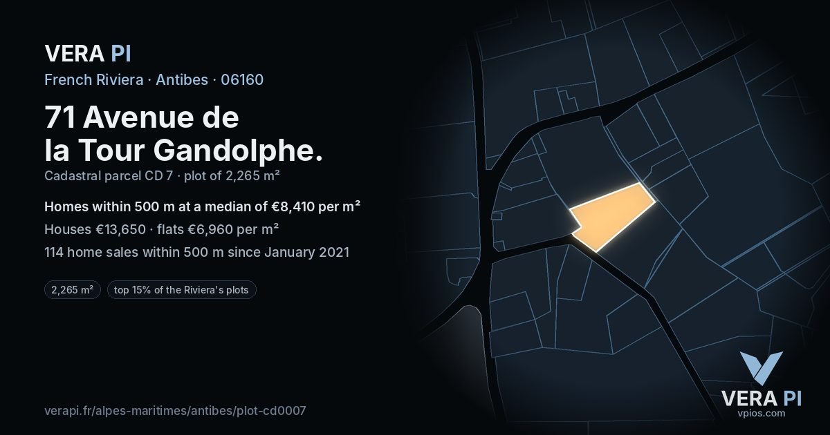 71 Avenue de la Tour Gandolphe, Antibes at night – the plot lit, the parcels around coloured by the prices near them