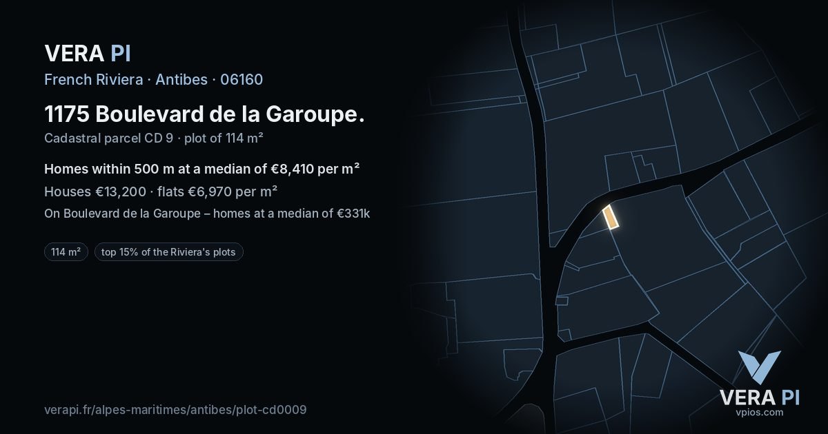 1175 Boulevard de la Garoupe, Antibes at night – the plot lit, the parcels around coloured by the prices near them