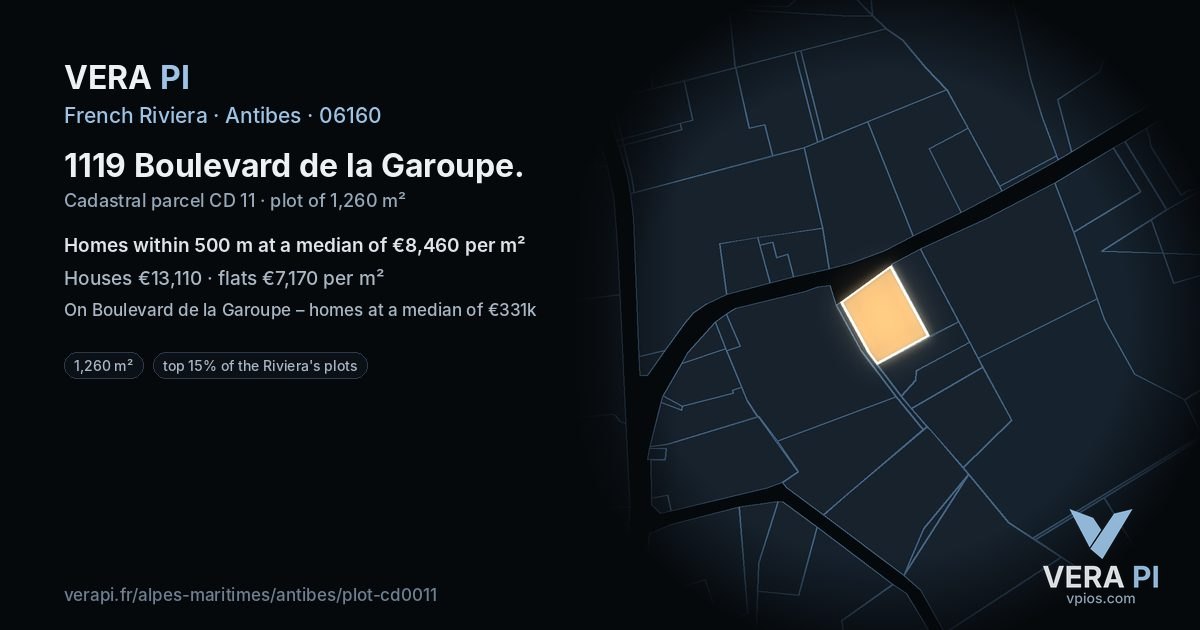 1119 Boulevard de la Garoupe, Antibes at night – the plot lit, the parcels around coloured by the prices near them