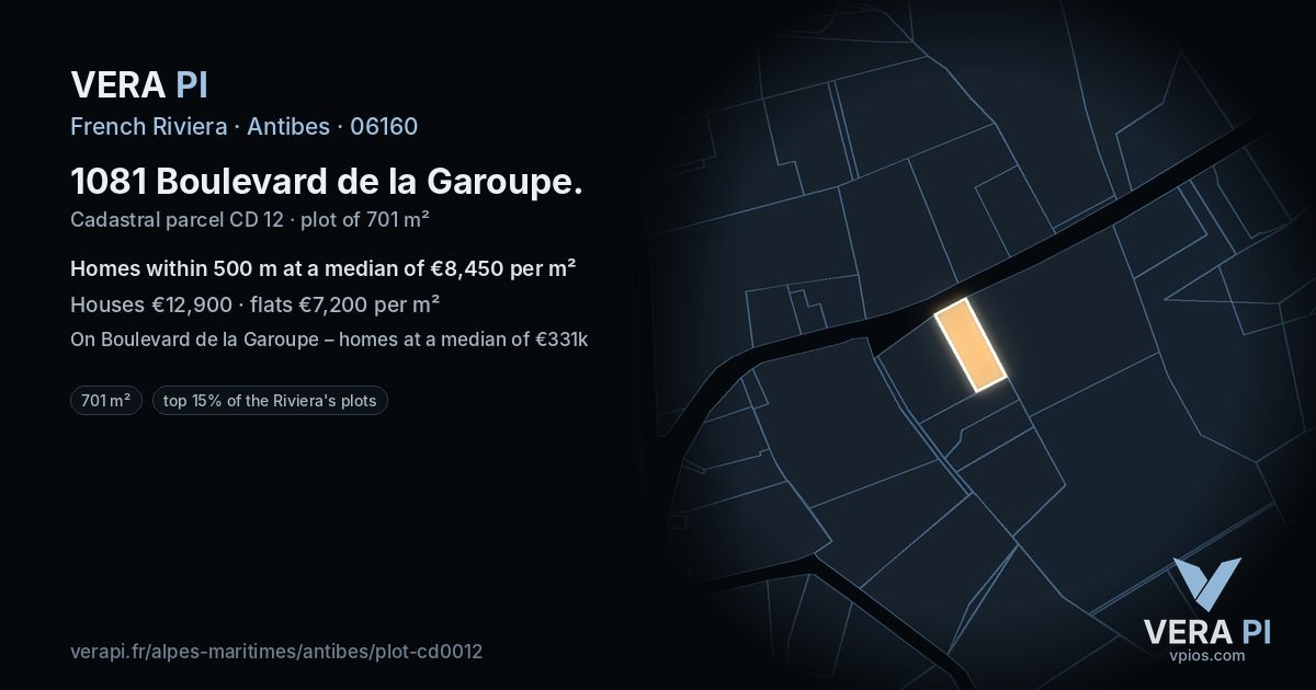 1081 Boulevard de la Garoupe, Antibes at night – the plot lit, the parcels around coloured by the prices near them