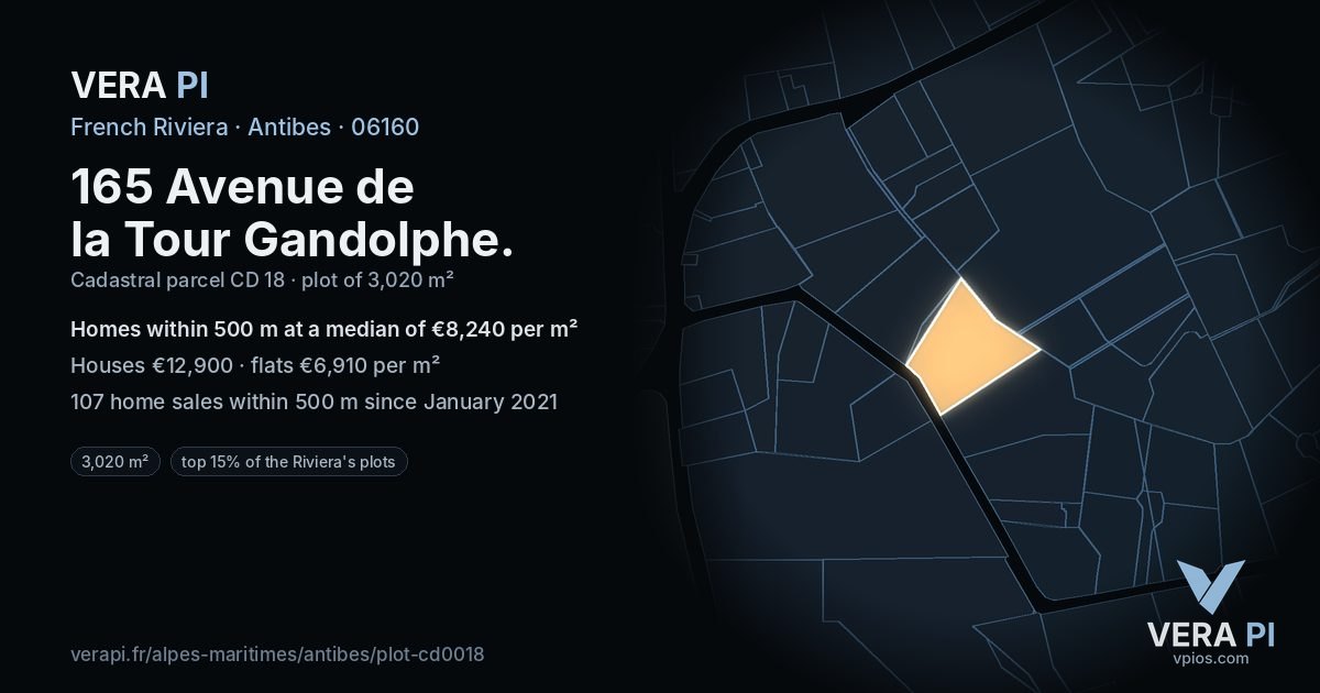165 Avenue de la Tour Gandolphe, Antibes at night – the plot lit, the parcels around coloured by the prices near them