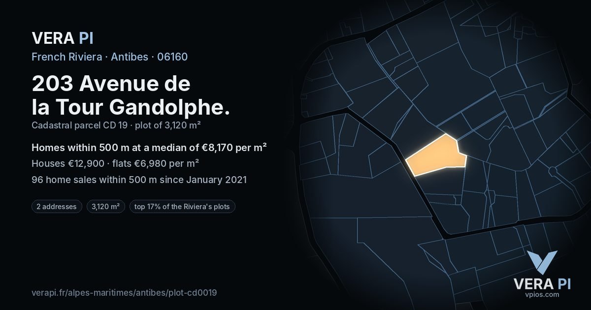 203 Avenue de la Tour Gandolphe, Antibes at night – the plot lit, the parcels around coloured by the prices near them