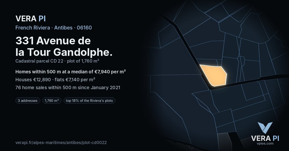 331 Avenue de la Tour Gandolphe, Antibes at night – the plot lit, the parcels around coloured by the prices near them