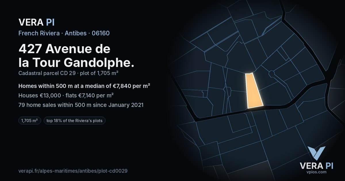 427 Avenue de la Tour Gandolphe, Antibes at night – the plot lit, the parcels around coloured by the prices near them